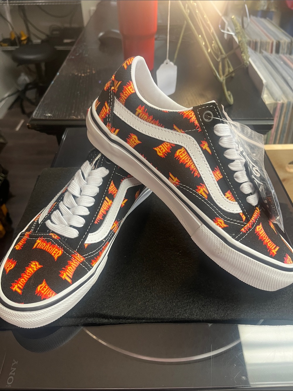Thrasher Low-Top Sneakers in Black with Orange and Yellow Flame Print